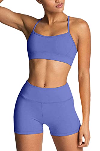 IWEMEK Workout Sets for Women 2 Piece Yoga Tracksuits Outfits High Waisted Running Biker Shorts with Adjustable Strap Sport Bra Exercise Running Gym Clothes Sets Blue Small - Image 1
