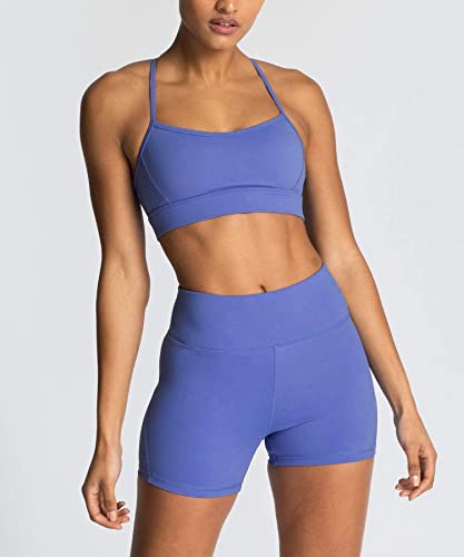 IWEMEK Workout Sets for Women 2 Piece Yoga Tracksuits Outfits High Waisted Running Biker Shorts with Adjustable Strap Sport Bra Exercise Running Gym Clothes Sets Blue Small - Image 3