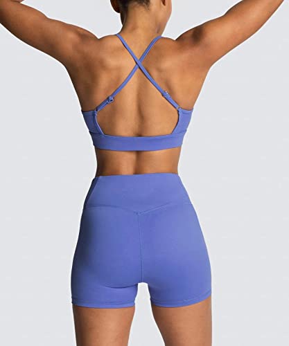 IWEMEK Workout Sets for Women 2 Piece Yoga Tracksuits Outfits High Waisted Running Biker Shorts with Adjustable Strap Sport Bra Exercise Running Gym Clothes Sets Blue Small - Image 2