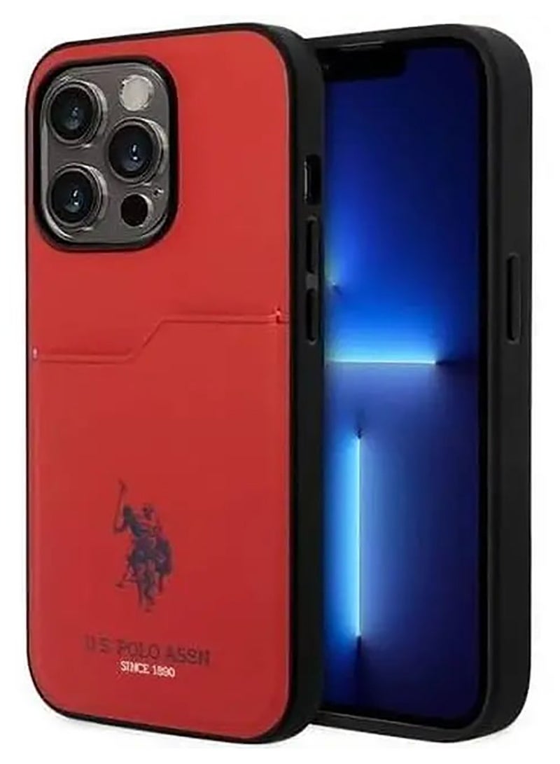 يو اس بولو حافظة صلبة بفتحة بطاقة PU لهاتف آيفون 15 برو ماكس - أحمر - Image 5