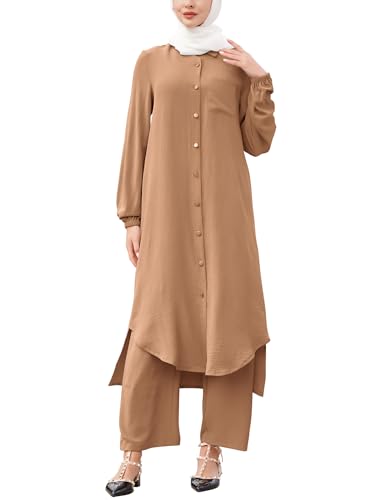 ODIZLI Plus Size Muslim Kaftan Abaya for Women with Pants Ethnic Eid Ramadan Dresses in Caramel