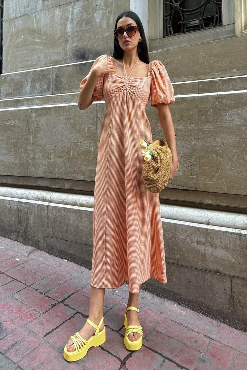 For You Moda Natural Viscose Tie-Neck Patterned Long Orange Dress