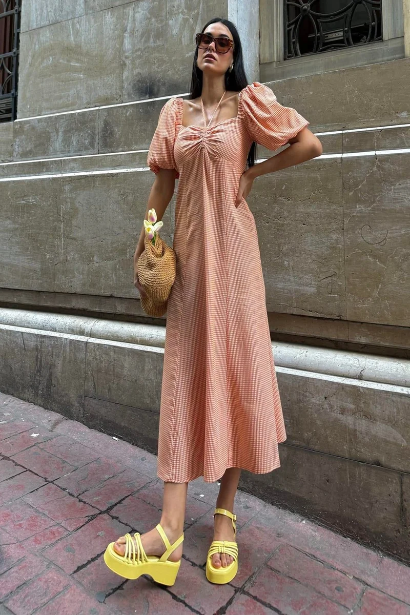 For You Moda Natural Viscose Tie-Neck Patterned Long Orange Dress