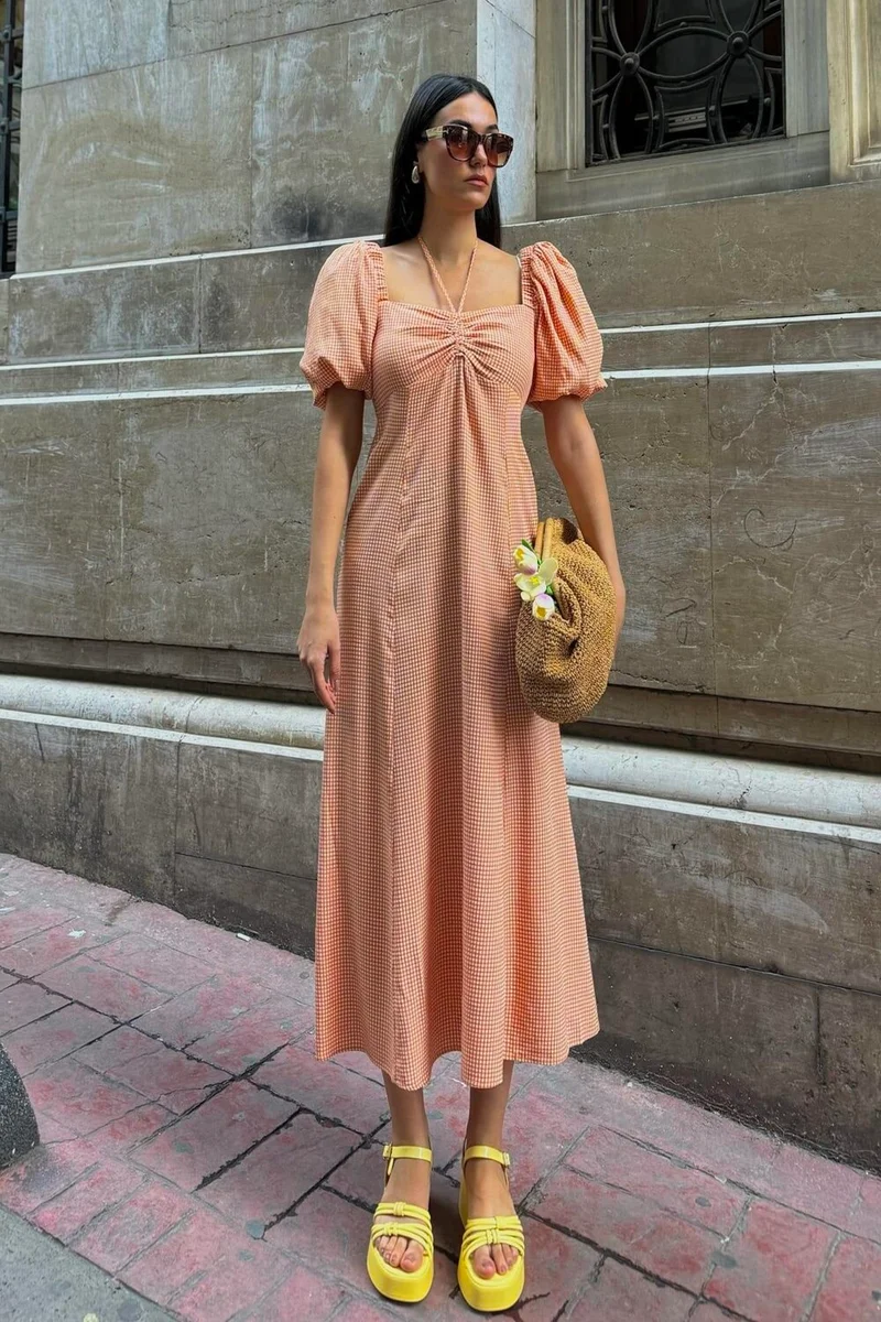 For You Moda Natural Viscose Tie-Neck Patterned Long Orange Dress