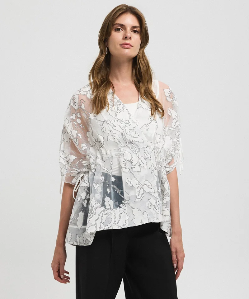 ابيكول Jacquard Blouse with Puff Sleeves