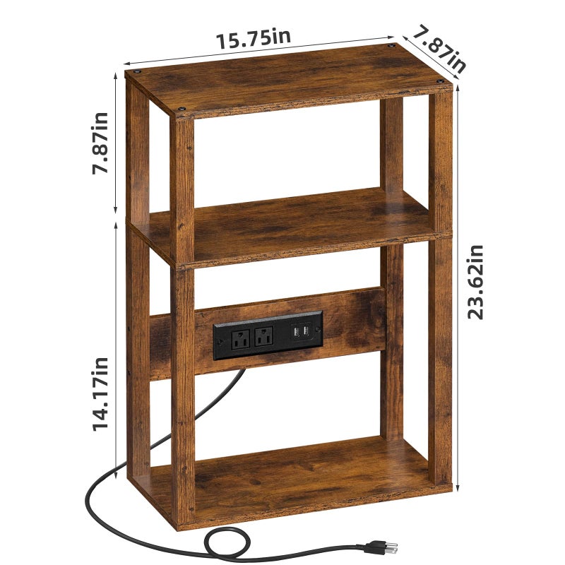 YUFAM 3-Tier Small Narrow Wood Side Table with Charging Station, Skinny Nightstand for Small Space, Slim Bedside Table with Storage for Couch, Thin End Table with USB Ports and Outlets, Rustic Brown - Image 4