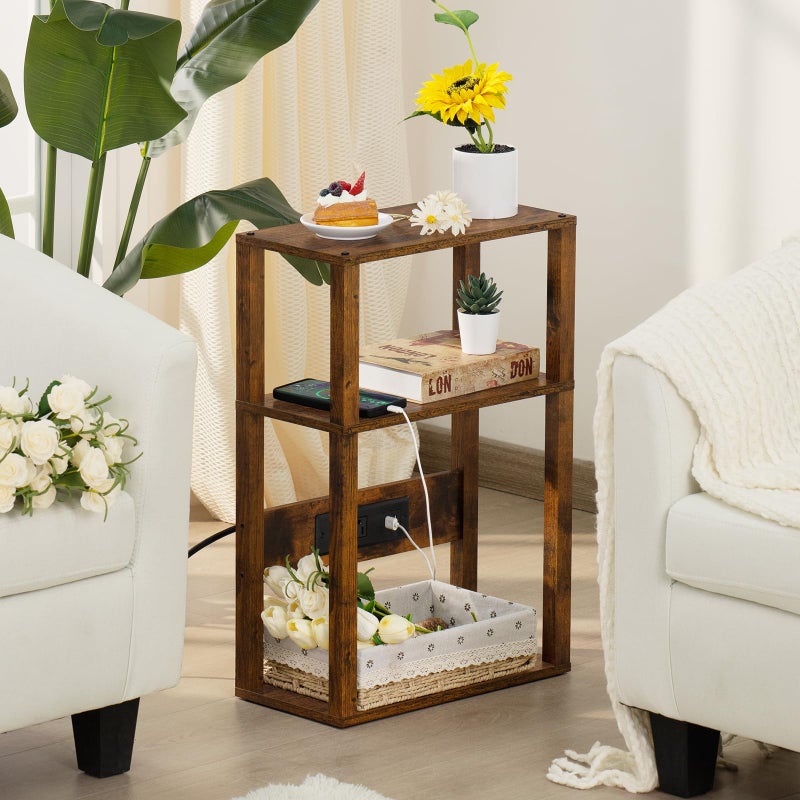 YUFAM 3-Tier Small Narrow Wood Side Table with Charging Station, Skinny Nightstand for Small Space, Slim Bedside Table with Storage for Couch, Thin End Table with USB Ports and Outlets, Rustic Brown - Image 2