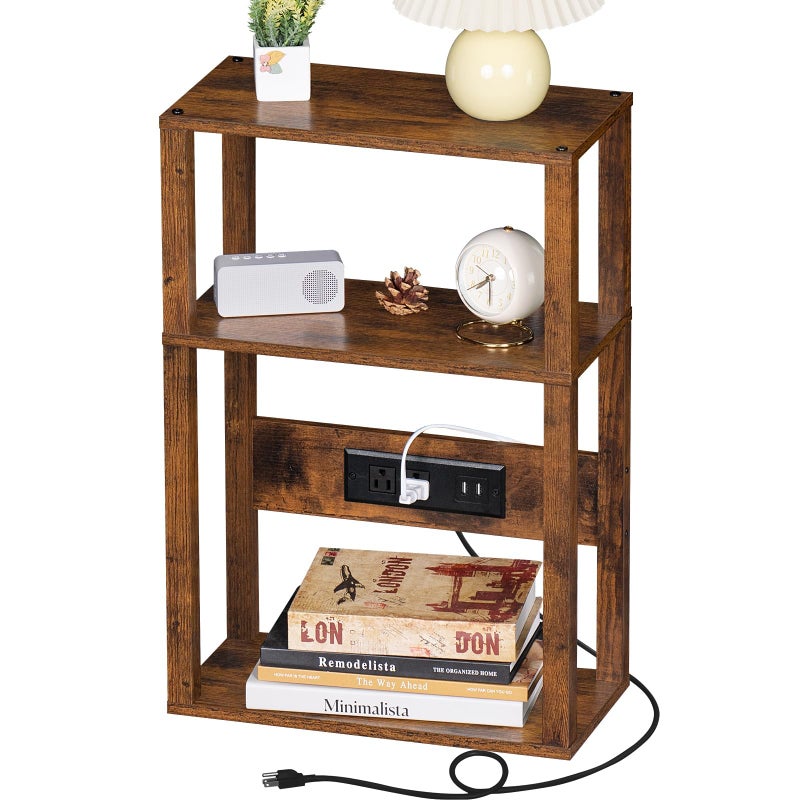 YUFAM 3-Tier Small Narrow Wood Side Table with Charging Station, Skinny Nightstand for Small Space, Slim Bedside Table with Storage for Couch, Thin End Table with USB Ports and Outlets, Rustic Brown - Image 1