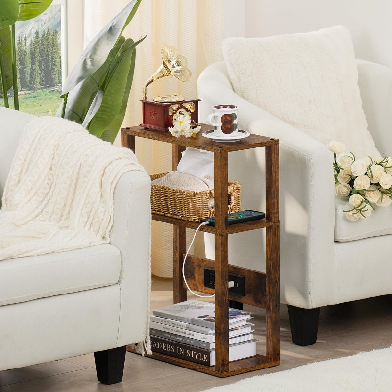 YUFAM 3-Tier Small Narrow Wood Side Table with Charging Station, Skinny Nightstand for Small Space, Slim Bedside Table with Storage for Couch, Thin End Table with USB Ports and Outlets, Rustic Brown - Image 5
