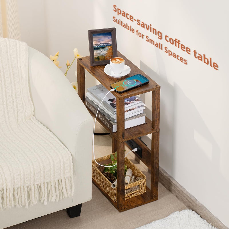 YUFAM 3-Tier Small Narrow Wood Side Table with Charging Station, Skinny Nightstand for Small Space, Slim Bedside Table with Storage for Couch, Thin End Table with USB Ports and Outlets, Rustic Brown - Image 3