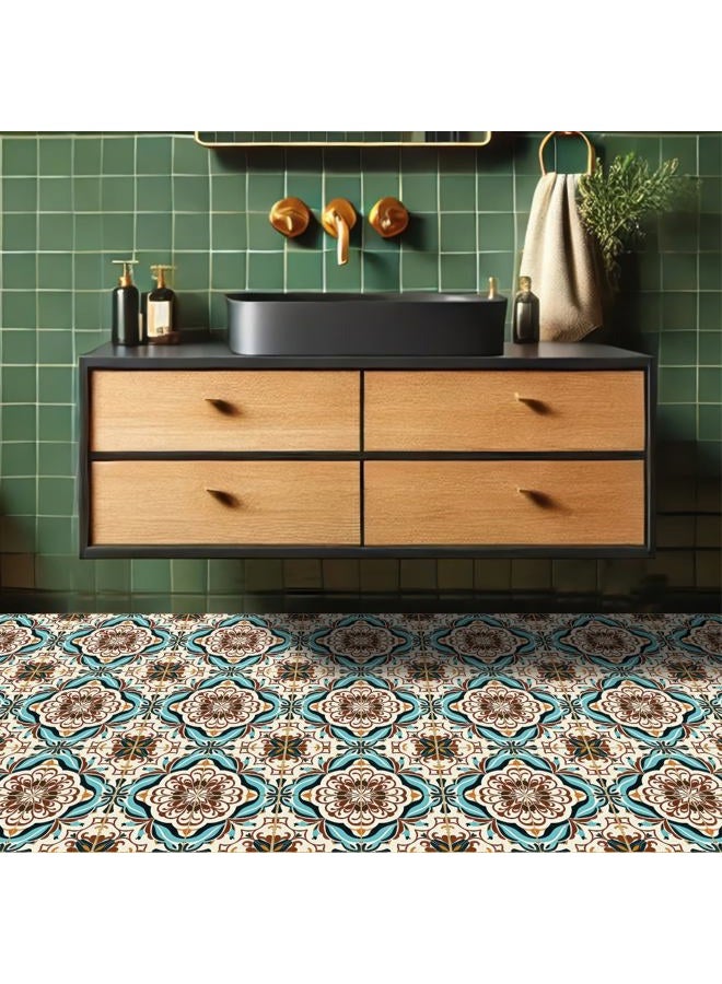 HOMETITUTE 10 قطع بلاط أرضيات مزخرف بقطر 12x12 بوصة باللونين الأزرق والبني قابل للإزالة ذاتي اللصق لاصقات الفينيل لتزيين المطبخ والحمام وغرفة المعيشة ومدخل المنزل - Image 5