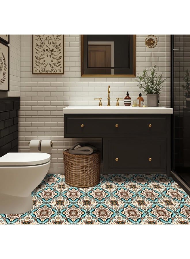 HOMETITUTE 10 قطع بلاط أرضيات مزخرف بقطر 12x12 بوصة باللونين الأزرق والبني قابل للإزالة ذاتي اللصق لاصقات الفينيل لتزيين المطبخ والحمام وغرفة المعيشة ومدخل المنزل - Image 4
