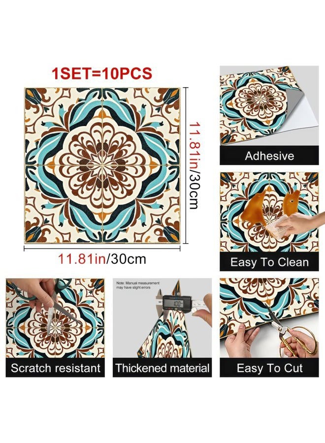 HOMETITUTE 10 قطع بلاط أرضيات مزخرف بقطر 12x12 بوصة باللونين الأزرق والبني قابل للإزالة ذاتي اللصق لاصقات الفينيل لتزيين المطبخ والحمام وغرفة المعيشة ومدخل المنزل - Image 3
