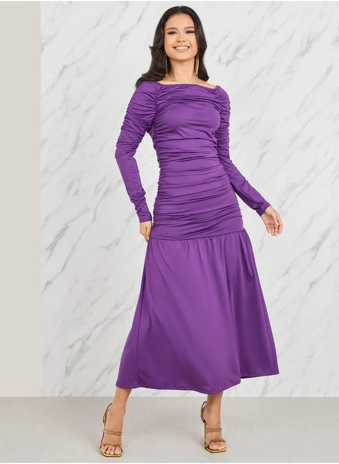 ستايلي Ruched Wide Square Neck A-Line Maxi Dress