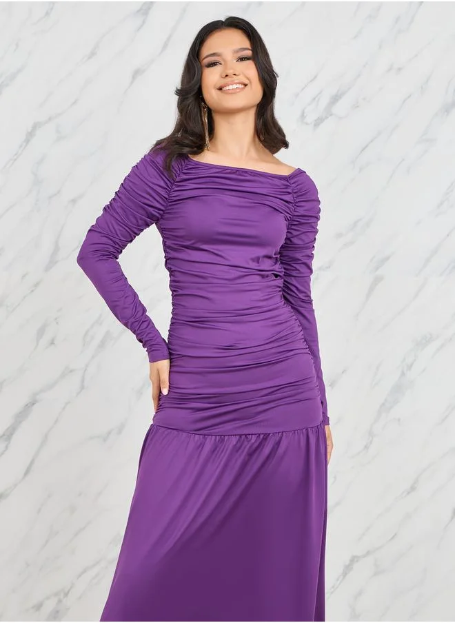 ستايلي Ruched Wide Square Neck A-Line Maxi Dress