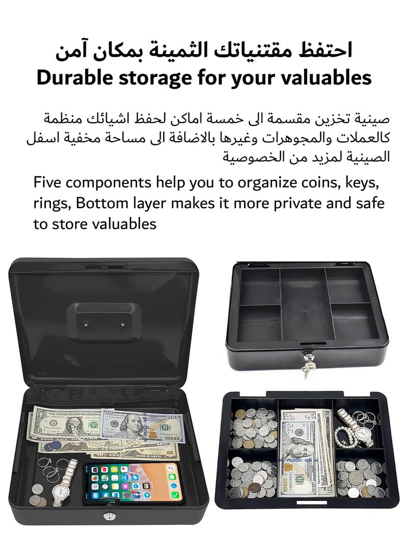 Steel Cash Box with Key Lock Metal Small Money Organizer with Money Tray Cash Storage Box with Lockable Cover - Image 4