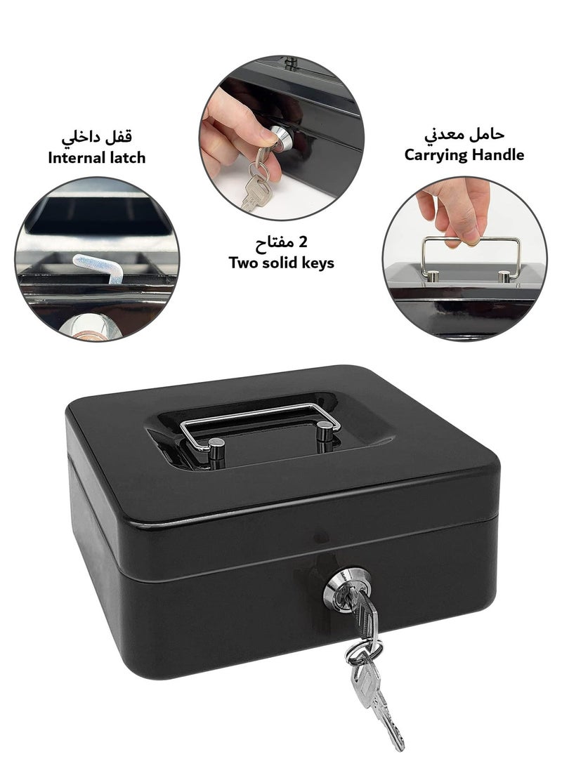Steel Cash Box with Key Lock Metal Small Money Organizer with Money Tray Cash Storage Box with Lockable Cover - Image 3