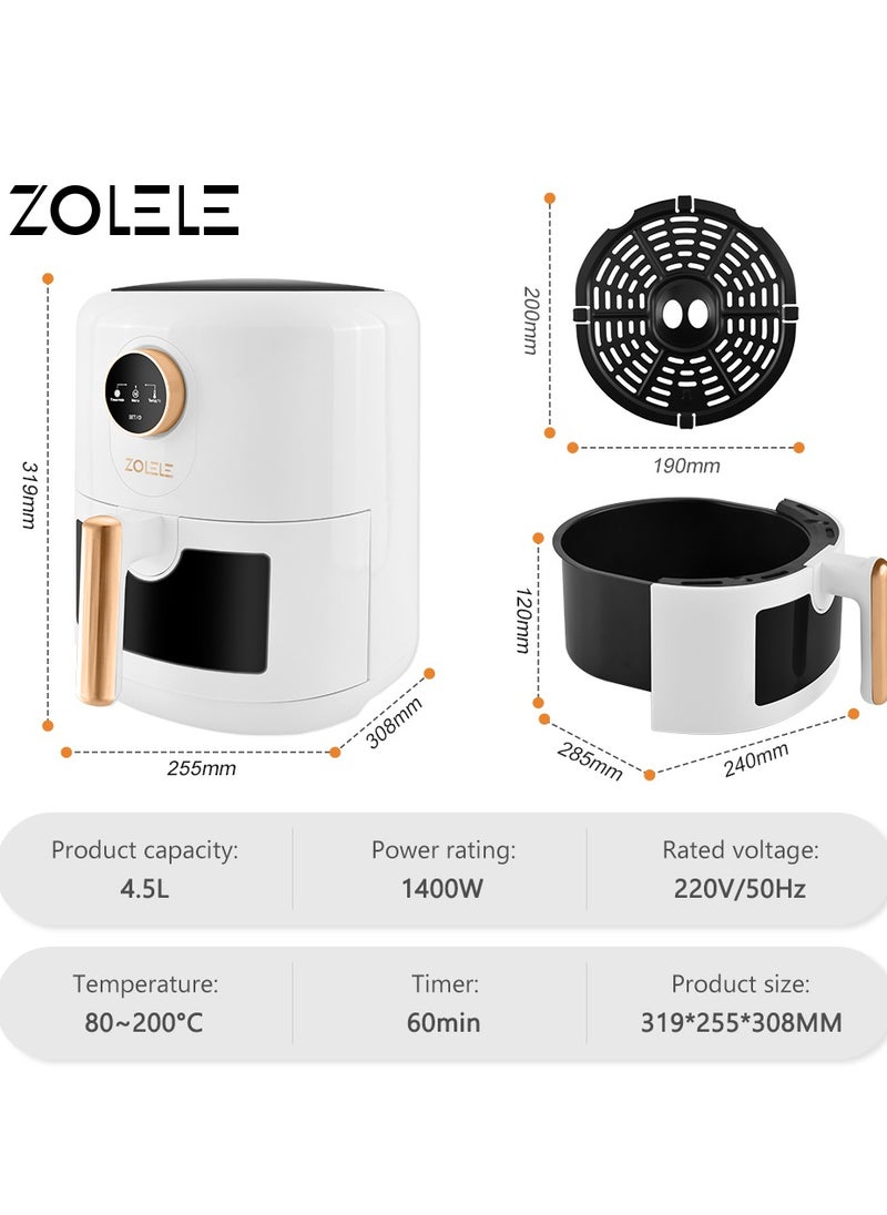 ZOLELE - Digital Air Fryer 4.5L Capacity Non-Stick Coating Use No Oil Air Fry  Roast Bake Reheat Fried Basket Knob Control Temperature  Automatic Power Off 1400W Power ZA004 - White - Image 1