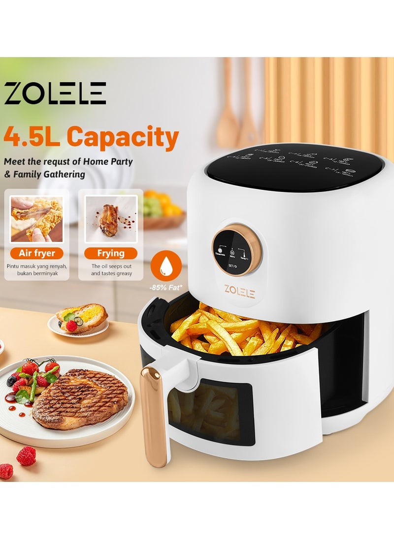 ZOLELE - Digital Air Fryer 4.5L Capacity Non-Stick Coating Use No Oil Air Fry  Roast Bake Reheat Fried Basket Knob Control Temperature  Automatic Power Off 1400W Power ZA004 - White - Image 1