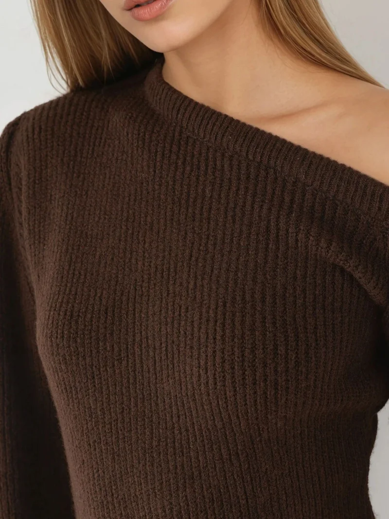 MY FASHION Coffee Brown MY FASHION Asymmetrical Collar Ribbed Knit Dress for Women | Best Price UAE