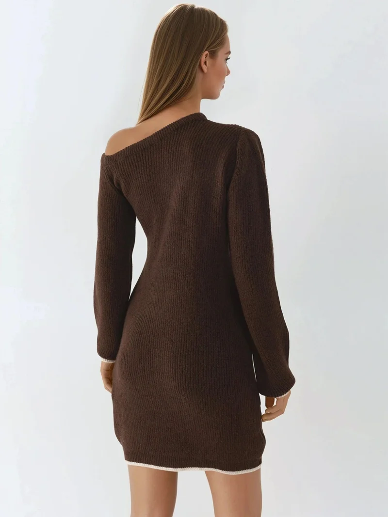 MY FASHION Coffee Brown MY FASHION Asymmetrical Collar Ribbed Knit Dress for Women | Best Price UAE
