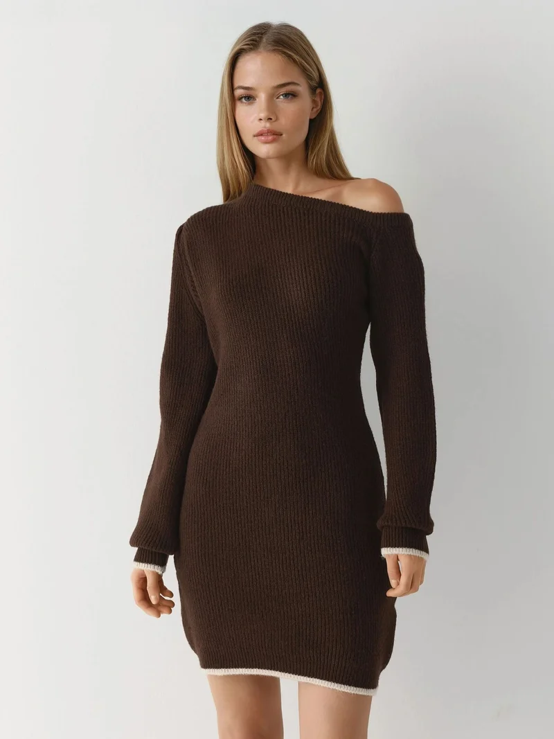 MY FASHION Coffee Brown MY FASHION Asymmetrical Collar Ribbed Knit Dress for Women | Best Price UAE