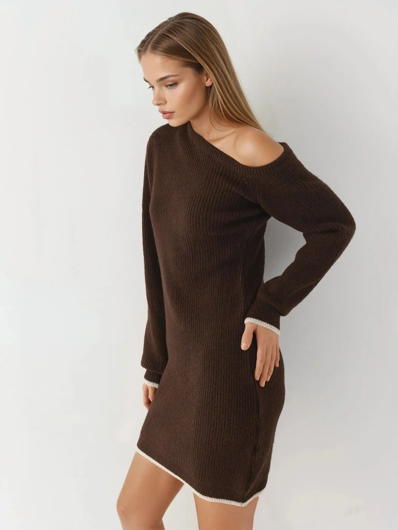 موضتي MY FASHION Asymmetrical Collar Ribbed Knit Dress