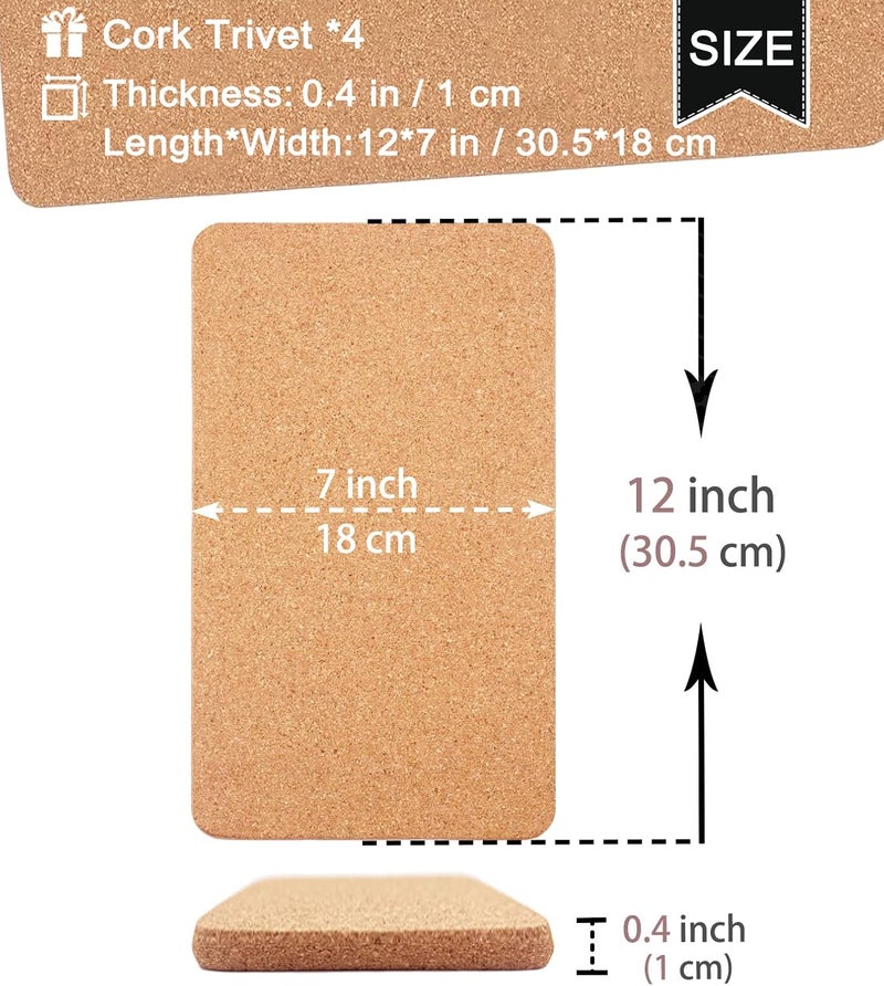 KITLAB Cork Trivet, High Density Fine Particle Thick Cork Trivets for Hot Dishes, 12 x 7 Inch Heat Resistant Cork Coaster, Rectangle Cork Placemats Cork Hot Pads for Kitchen, 4 Pcs - Image 3