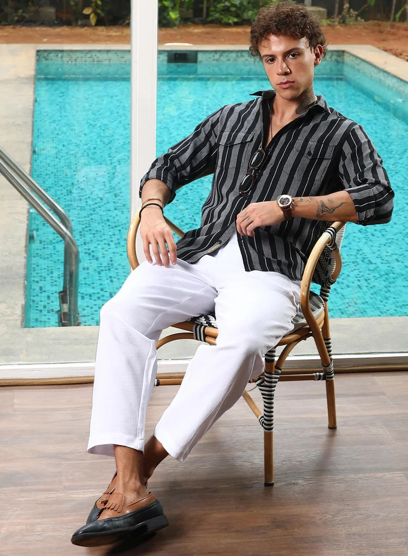 Campus Sutra Campus Sutra Men's Charcoal Grey & Onyx Black Utility Multitrack-Striped Shirt For Casual Wear | Spread Collar | Long Sleeve | Button Closure | Shirt Crafted With Comfort Fit For Everyday Wear