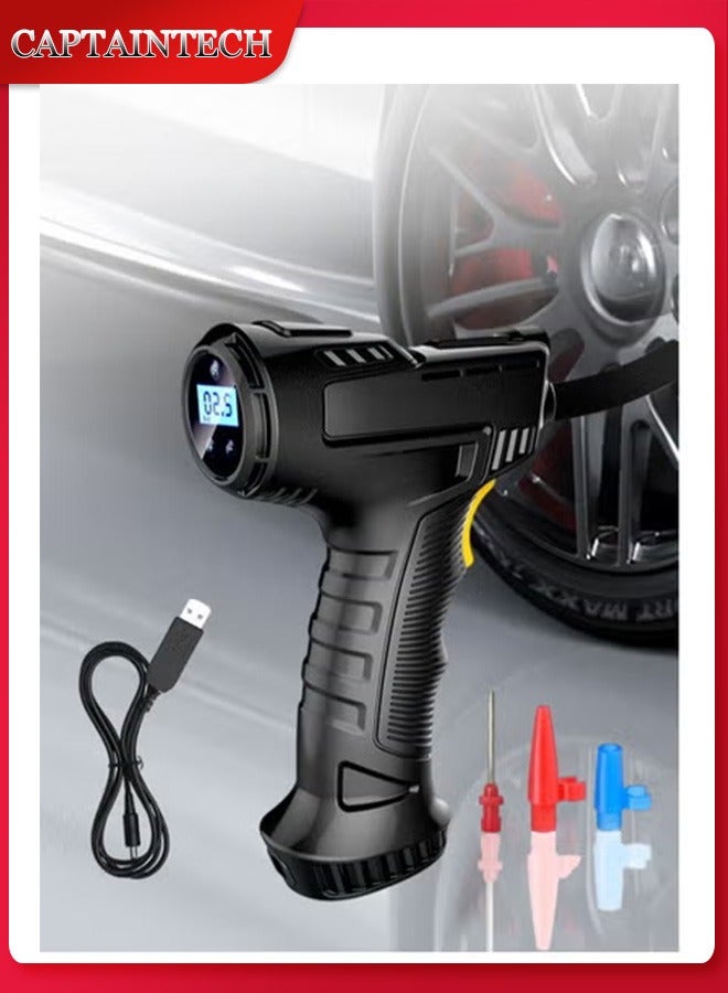 كابتن تيك منفاخ إطارات سيارة لاسلكي محمول، ضاغط هواء كهربائي محمول، مضخة إطارات سيارة ببطارية قابلة لإعادة الشحن عبر USB مع شاشة LCD، ضوء LED للسيارة والدراجة النارية والكرة - Image 1