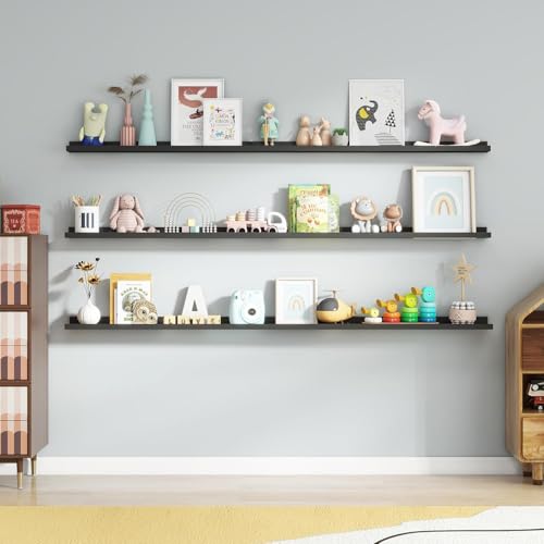 Streem Sheesham Wood Floating Shelves, Wall Shelves Set of 3, Picture Shelf Photo Ledge Shelves for Bathroom Kitchen and Bedroom,Livingroom & Office (Black, 72 inch) - Image 2