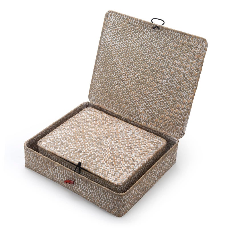 DECRAFTS Whitewash Seagrass Basket with Lid Rectangular Decorative Storage Boxes for Shelf Organize Snack Toys Set of 2 (Large+Small) - Image 4