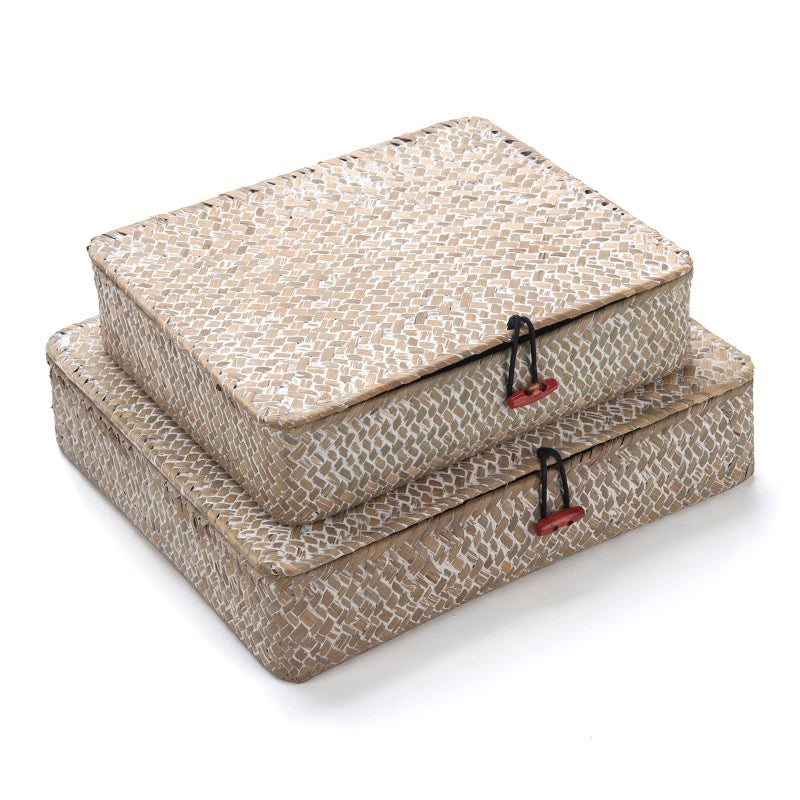 DECRAFTS Whitewash Seagrass Basket with Lid Rectangular Decorative Storage Boxes for Shelf Organize Snack Toys Set of 2 (Large+Small) - Image 1
