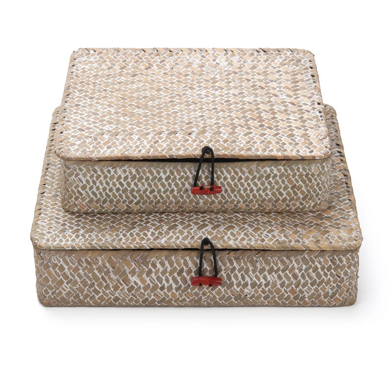 DECRAFTS Whitewash Seagrass Basket with Lid Rectangular Decorative Storage Boxes for Shelf Organize Snack Toys Set of 2 (Large+Small) - Image 2