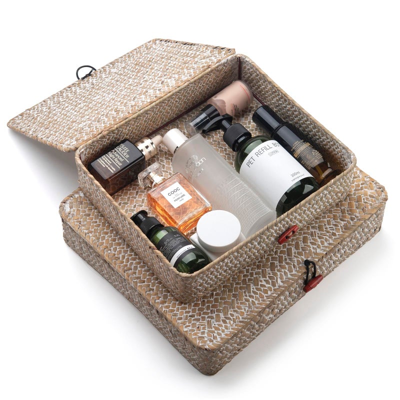 DECRAFTS Whitewash Seagrass Basket with Lid Rectangular Decorative Storage Boxes for Shelf Organize Snack Toys Set of 2 (Large+Small) - Image 3