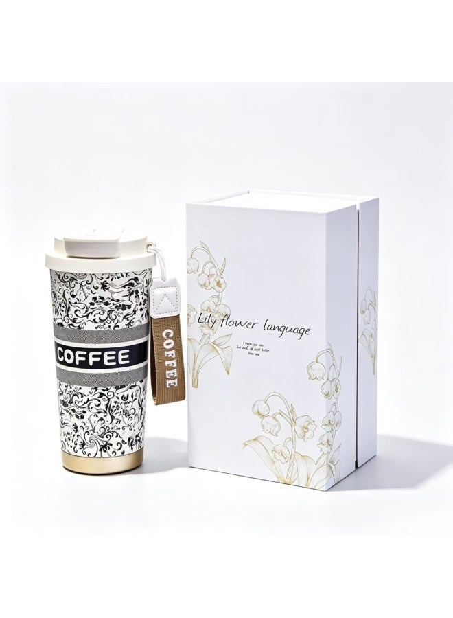 500ml Insulated Coffee Tumbler with Detachable Tea Infuser, Vintage Floral Pattern, and Carry Lanyard - Image 1