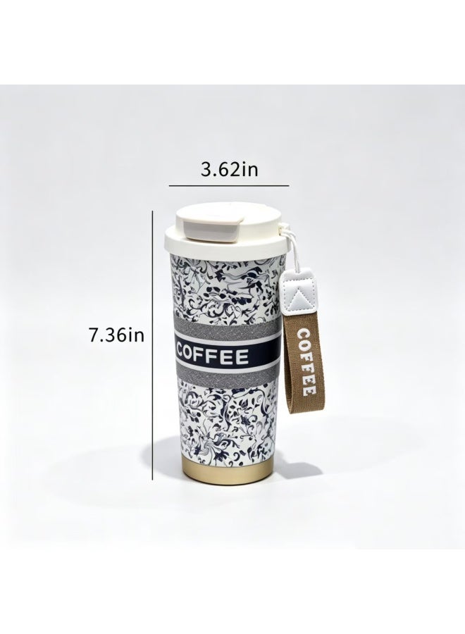 500ml Insulated Coffee Tumbler with Detachable Tea Infuser, Vintage Floral Pattern, and Carry Lanyard - Image 2