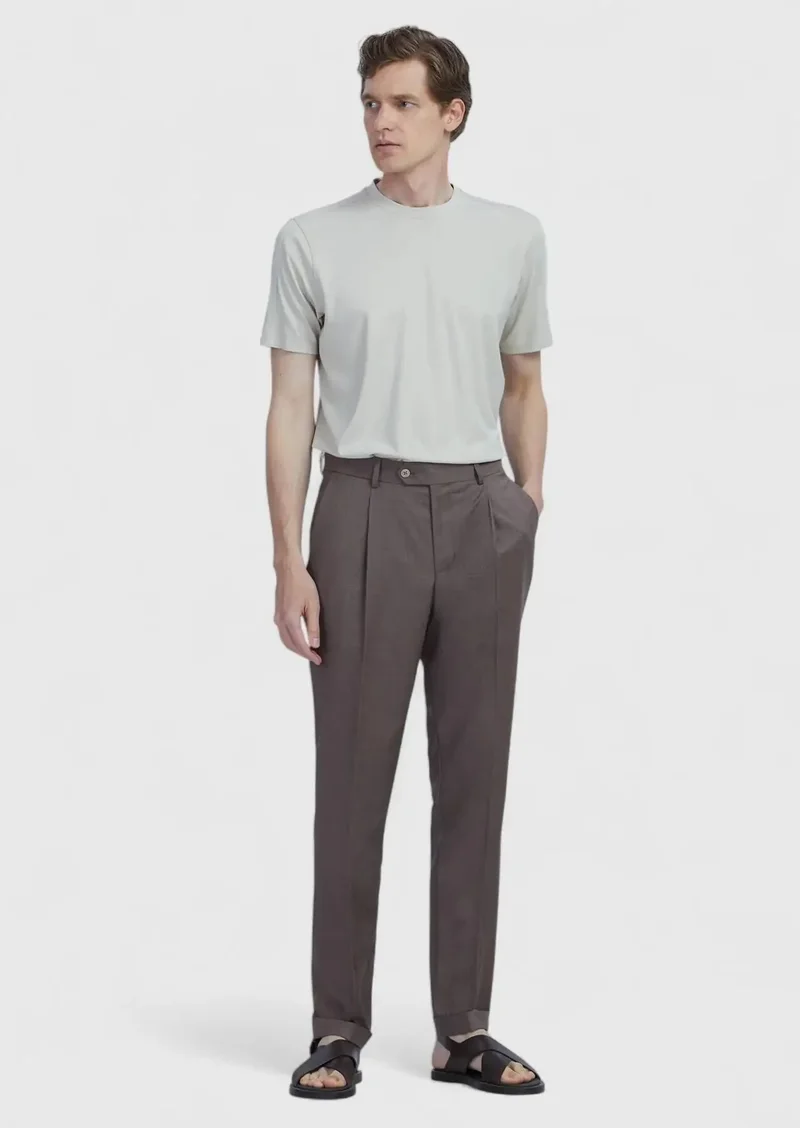 RAMSEY Light Brown Material Slim Fit Casual 100% Wool Trousers