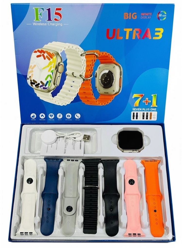 بيغ ساعة ذكية F15 Ultra3، تصميم أنيق 49 مم، متتبع اللياقة البدنية، مكالمات وشحن لاسلكي، متوافقة مع متجر IOS وAndroid، للرجال والنساء، 7 أحزمة