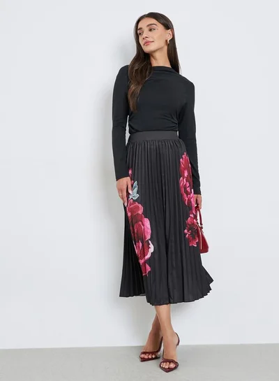 Styli Black Floral Print Pleated Midi Skirt