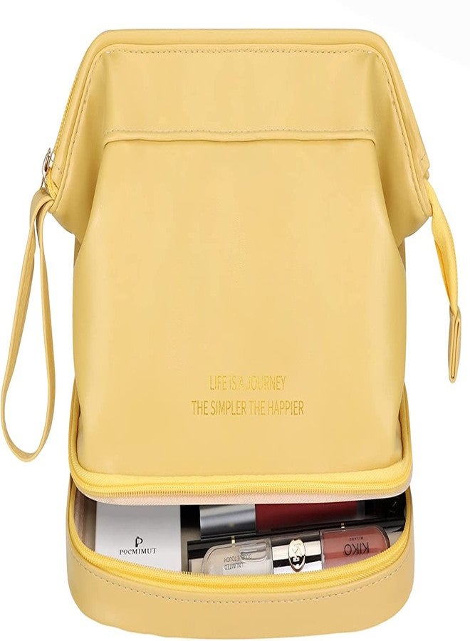 Oceanevo PU Dual Layer Makeup Pouch, Cosmetic Pouch for Women, Makeup Brushes Organizer Pouch for Home and Travel - 25 x 20 x 15 CM- Yellow - Image 1