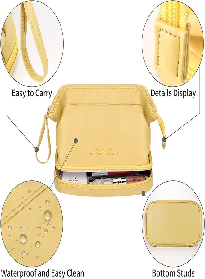 Oceanevo PU Dual Layer Makeup Pouch, Cosmetic Pouch for Women, Makeup Brushes Organizer Pouch for Home and Travel - 25 x 20 x 15 CM- Yellow - Image 3