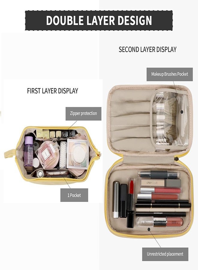 Oceanevo PU Dual Layer Makeup Pouch, Cosmetic Pouch for Women, Makeup Brushes Organizer Pouch for Home and Travel - 25 x 20 x 15 CM- Yellow - Image 4