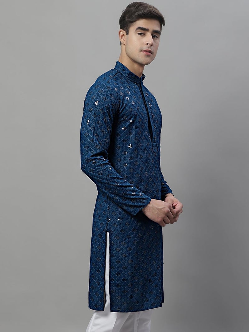 Jompers Men's Chikankari Embroidered and Sequence Kurtas Only (Peacock, L) - Image 3