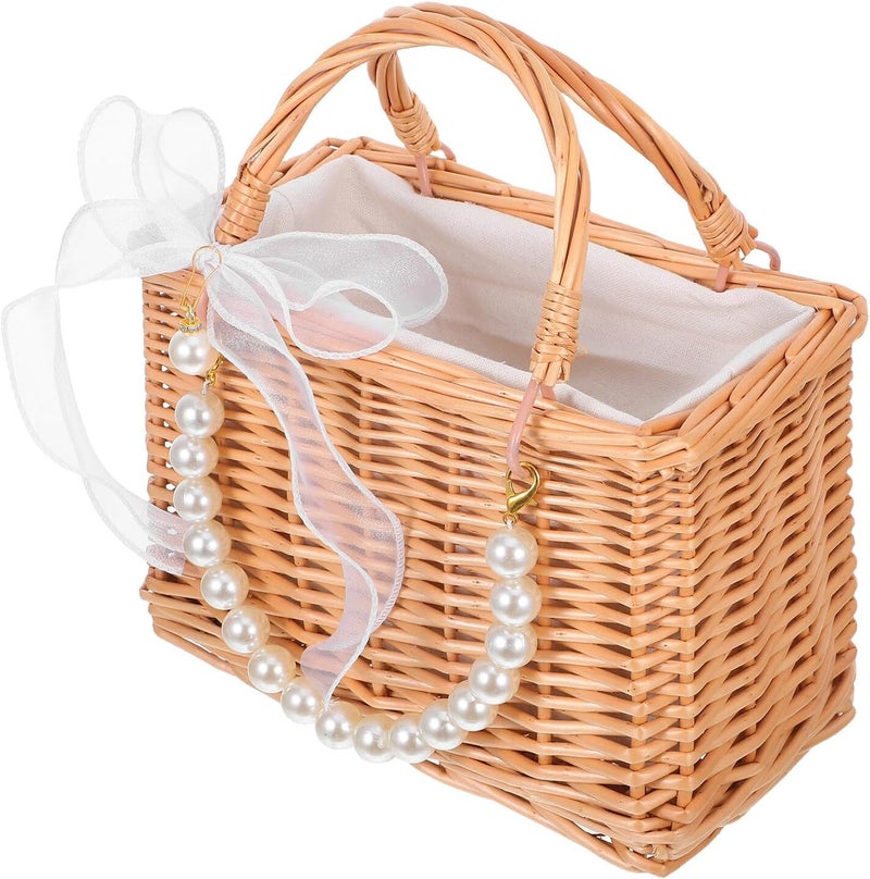 Wedding Flower Girl Basket Woven Wicker Handbag with Pearl Chain and Ribbon Bow, Small Braided Tote for Ceremony and Party Supplies - Image 1