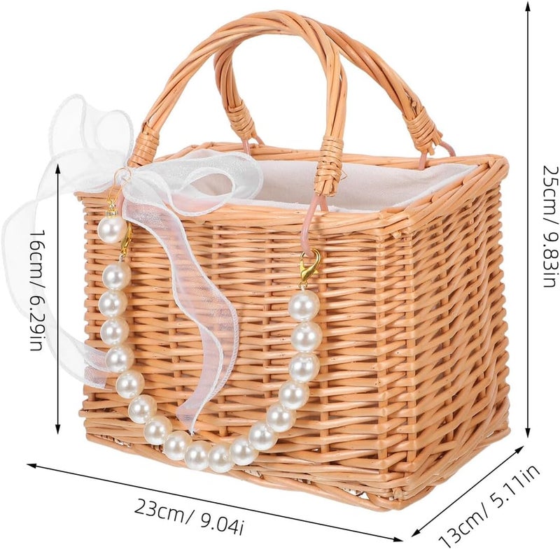 Wedding Flower Girl Basket Woven Wicker Handbag with Pearl Chain and Ribbon Bow, Small Braided Tote for Ceremony and Party Supplies - Image 2