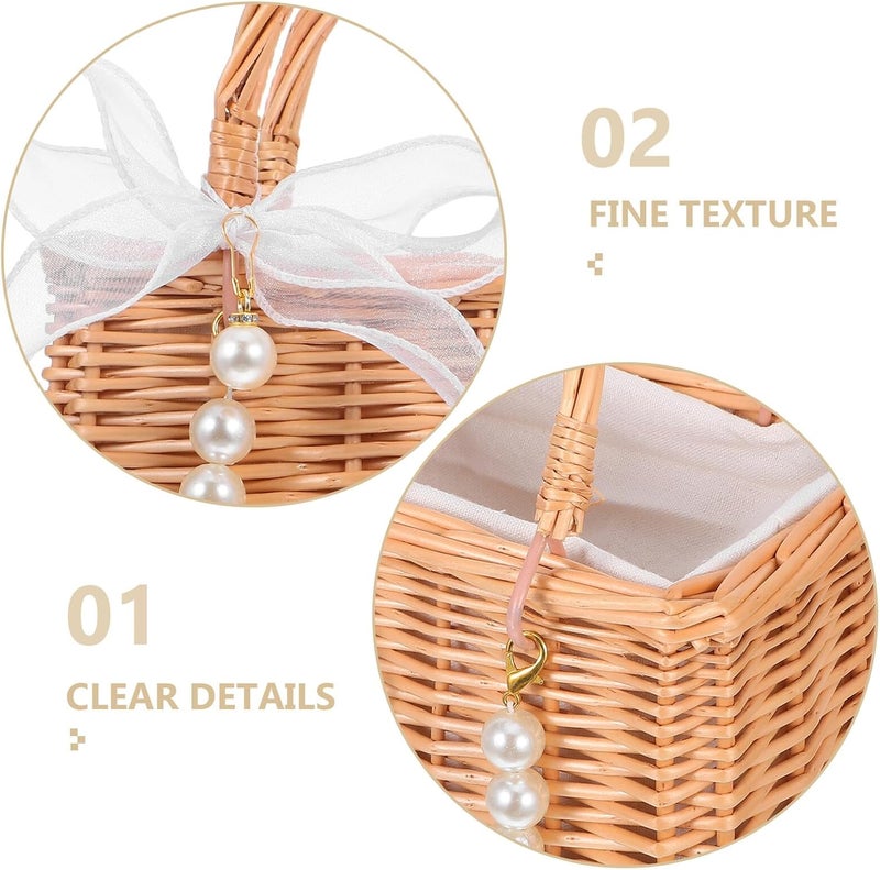 Wedding Flower Girl Basket Woven Wicker Handbag with Pearl Chain and Ribbon Bow, Small Braided Tote for Ceremony and Party Supplies - Image 3