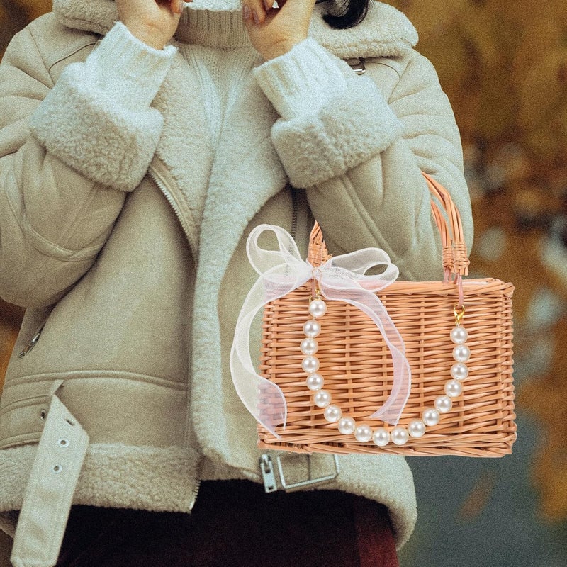 Wedding Flower Girl Basket Woven Wicker Handbag with Pearl Chain and Ribbon Bow, Small Braided Tote for Ceremony and Party Supplies - Image 5