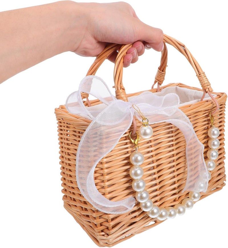 Wedding Flower Girl Basket Woven Wicker Handbag with Pearl Chain and Ribbon Bow, Small Braided Tote for Ceremony and Party Supplies - Image 4