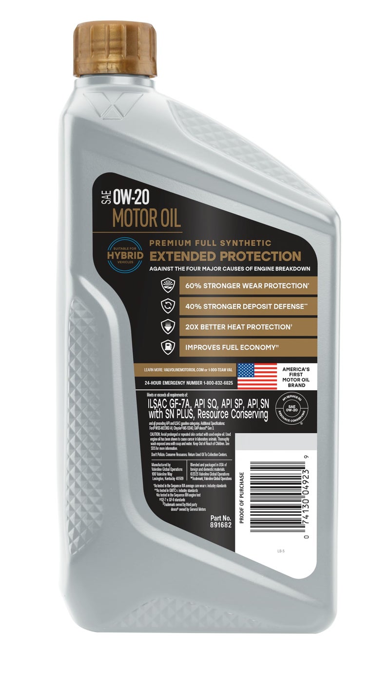 Valvoline Extended Protection Full Synthetic Motor Oil SAE 0W-20 1 QT - Image 2